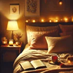 A cozy bedroom scene at night with warm lighting, creating a peaceful and relaxing ambiance