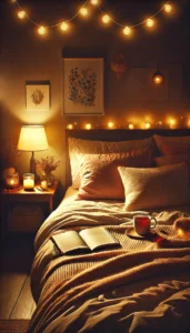 A cozy bedroom scene at night with warm lighting, creating a peaceful and relaxing ambiance