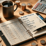 a budget notebook on the table with some coins and coffee mug and calulator