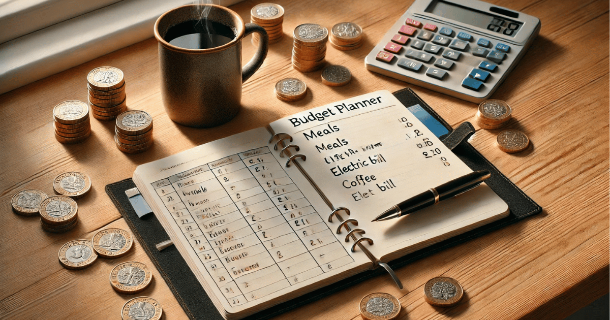 a budget notebook on the table with some coins and coffee mug and calulator