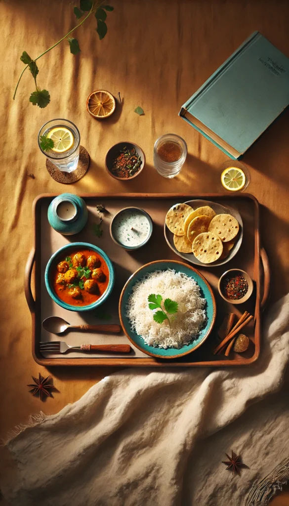 Picture this: a solo dinner served on a cozy wooden tray, with warm curry sauce with rice, a fresh cup of water with a slice of lemon, and the soft glow of candles. The perfect self-care meal.