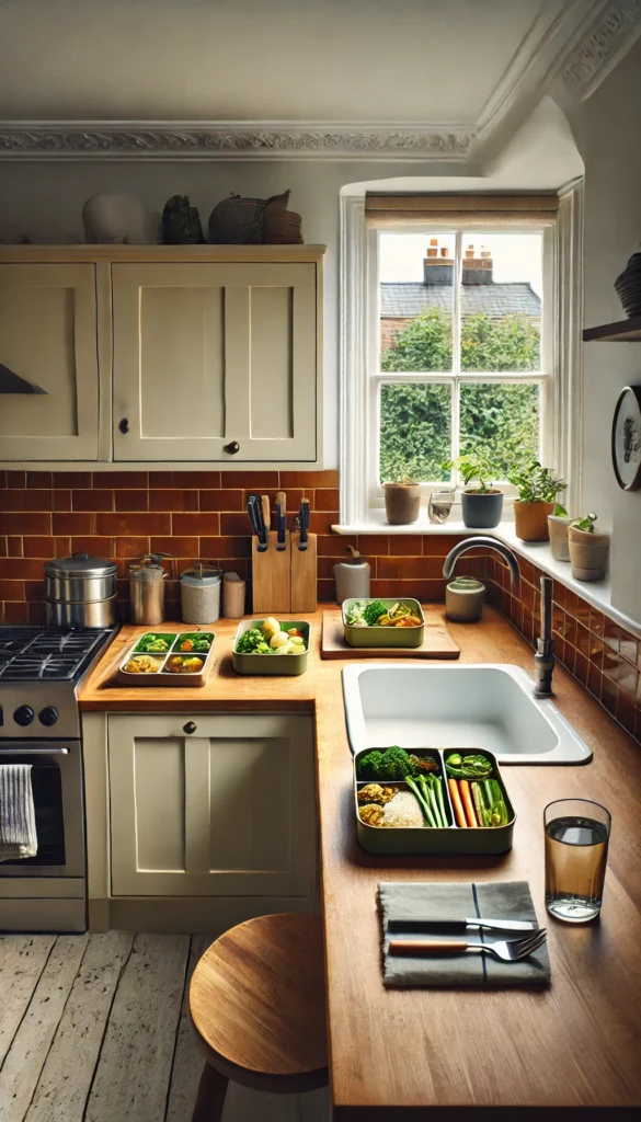 Picture this: a cozy minimalist kitchen with earthy tones, rustic textures, and beautifully organized meal prep containers. A perfect way to stay prepared while enjoying a warm, inviting space