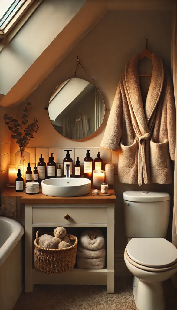 Picture this: A peaceful self-care moment, for skincare in a softly lit bathroom, winding down for a restful night.