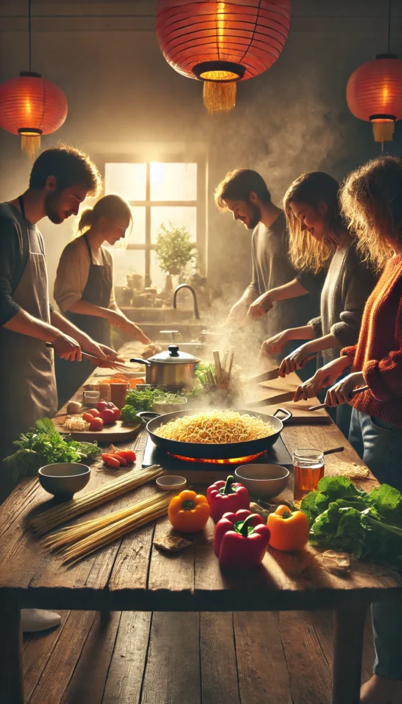 a group of friends gathered around a kitchen counter, chopping vegetables and preparing a big pan of yakisoba