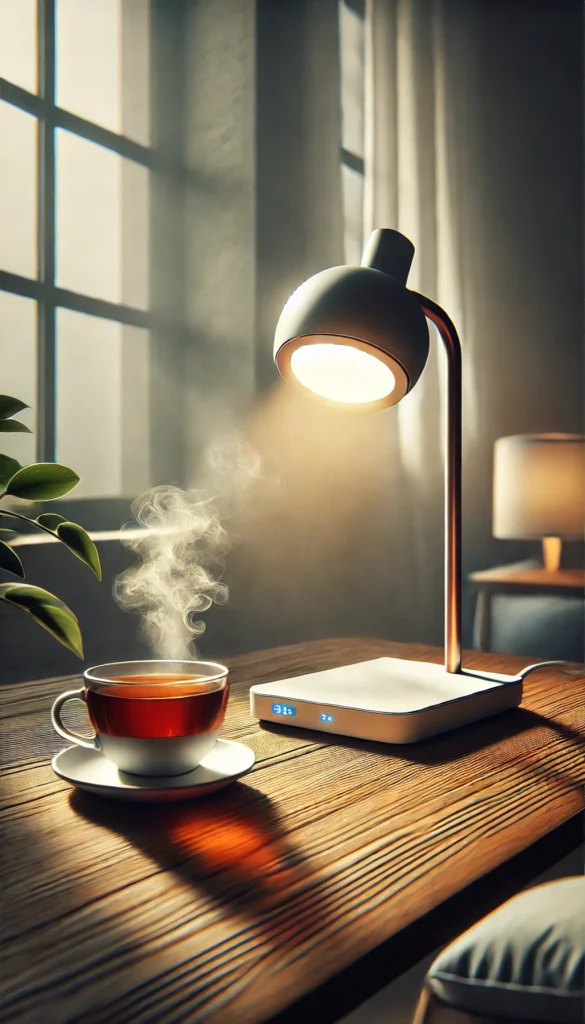 a modern SAD lamp on a wooden desk with a steaming cup of tea placed beside it