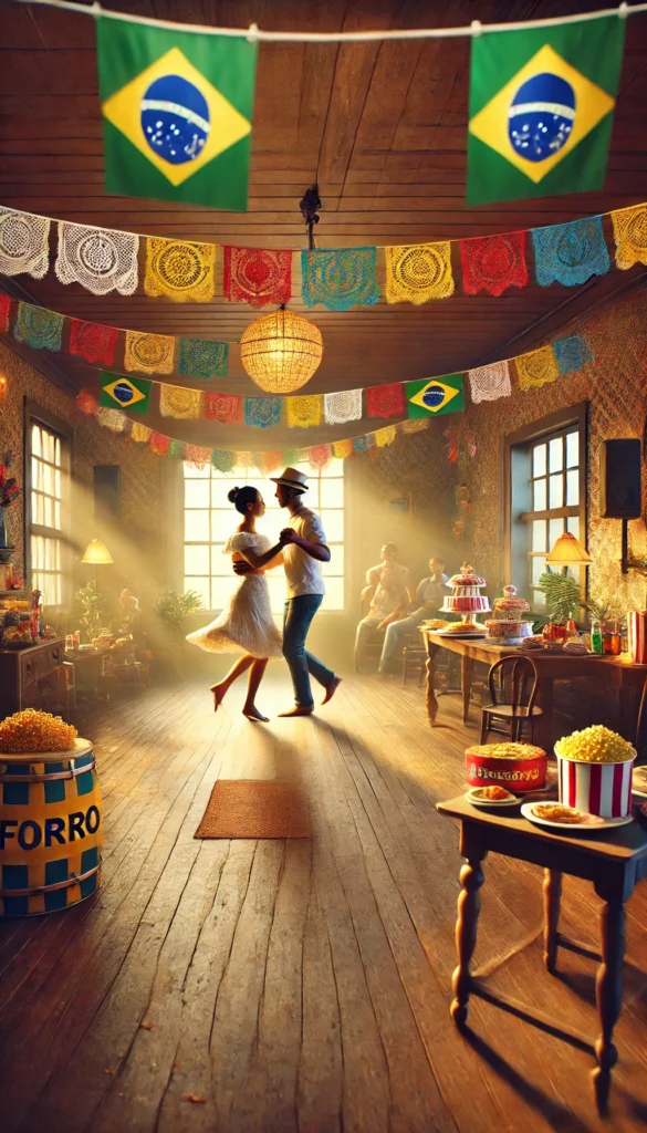 People dancing forró indoors. The room is warmly lit, with colourful banners inspired by festas juninas. A small table in the background is filled with Brazilian snacks like popcorn, cakes, and drinks. 