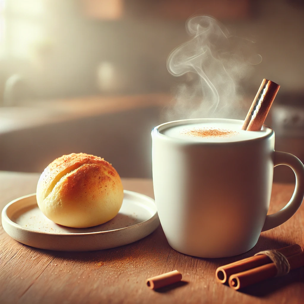 A steaming mug of milk topped with a cinnamon stick and a small plate of pão de queijo on the side. The setting is a warm kitchen with soft natural light and wooden countertops.