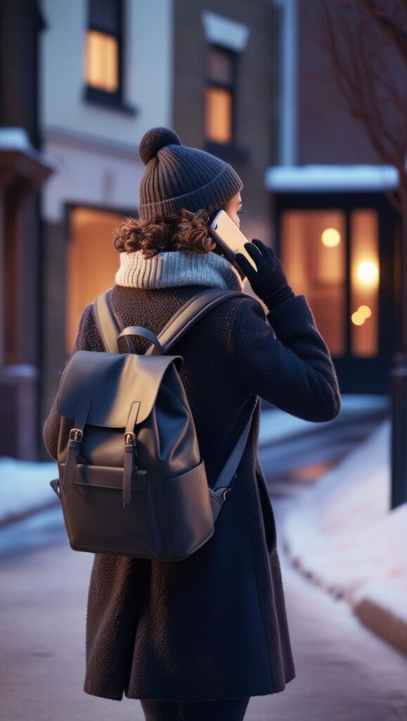 Picture this: a Woman walking home  in a  peaceful winter in England, catching up with loved ones over the phone while the city lights glow softly. A perfect way to unwind after work.