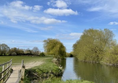 Serene view of the River Cam, with soft reflections on the water and a peaceful atmosphere. A moment of solitude and mindful walking along the riverbanks, embracing slow living.